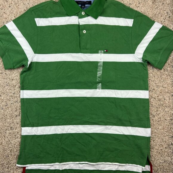 NWT Men's Tommy Hilfiger Short Sleeve Green Striped Classic Fit Polo Shirt Small - Picture 1 of 9
